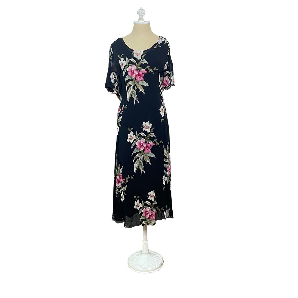 Vintage 90s LA CERA Black Short Sleeve Pink Floral Slouchy Midi Dress Size XL